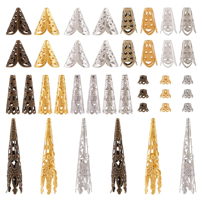 EEE ELECRELIVE Elecrelive 450Pcs Long Flower Bead Caps Hollow Cones Filigree Bead End Cap 5 Styles Pendant Cover Spacer Filigree Metal Embellishments for Tassel Jewelry Craft Bracelet Necklace DIY Making - Image 1